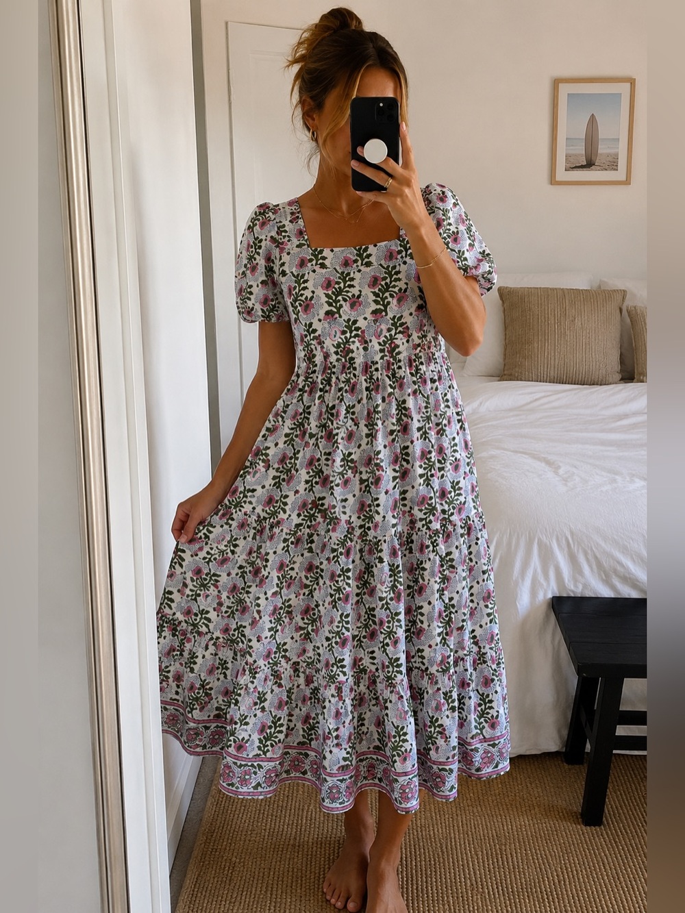 SZ Blockprints Divya Midi Dress in Essa Print Moss & Faded Rose Size S